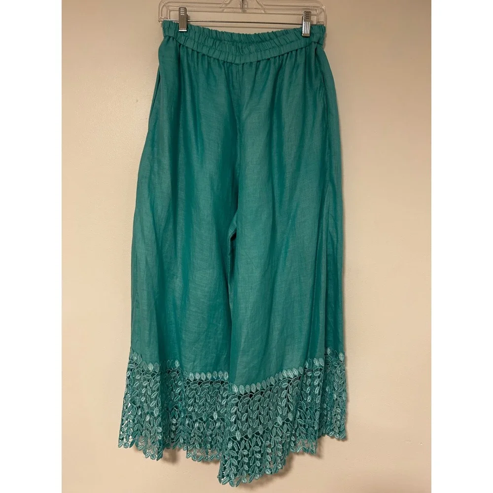 LERMAJ Vintage Teal Linen Blend Two Piece Set Lace Wrap Top Wide Leg Pants M/L